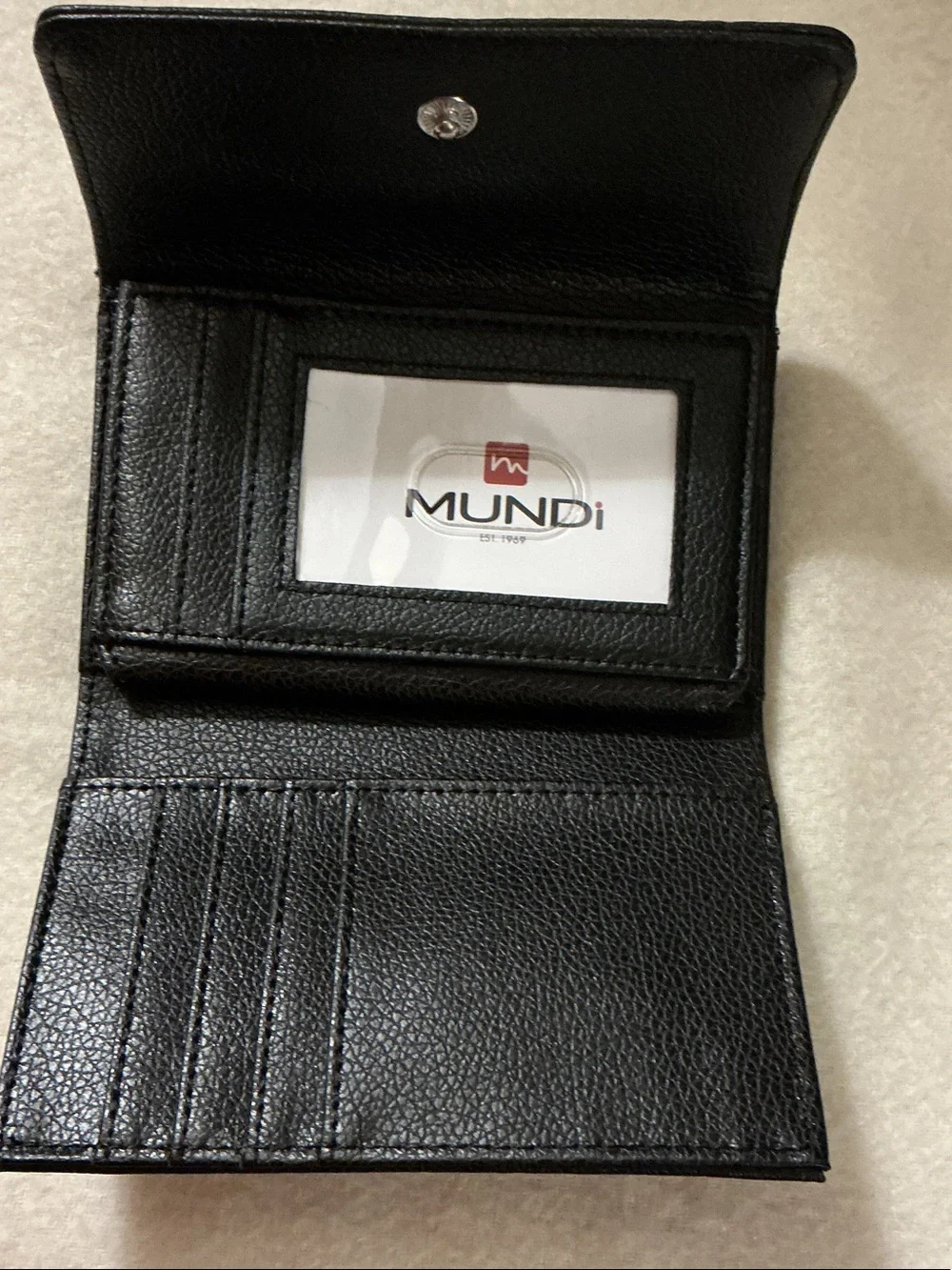mundi Black Leather Trifold Card & ID Wallet with Clear ID Window